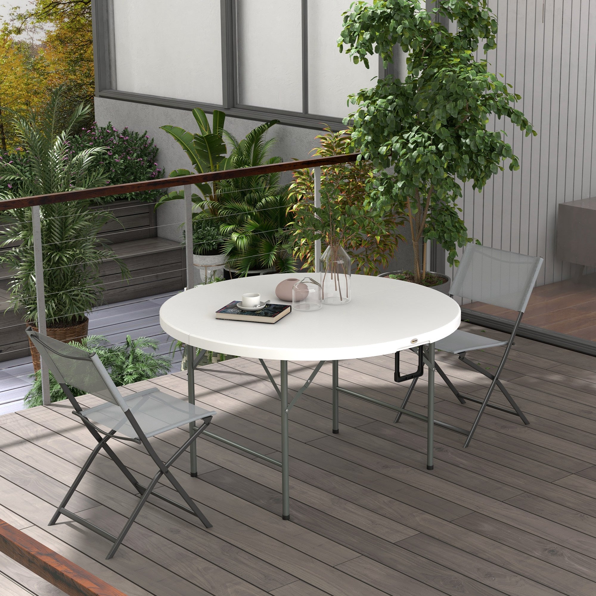 Outsunny Φ48" Folding Patio Table Outdoor HDPE Picnic Card Table for 6 Round Metal Frame White 
