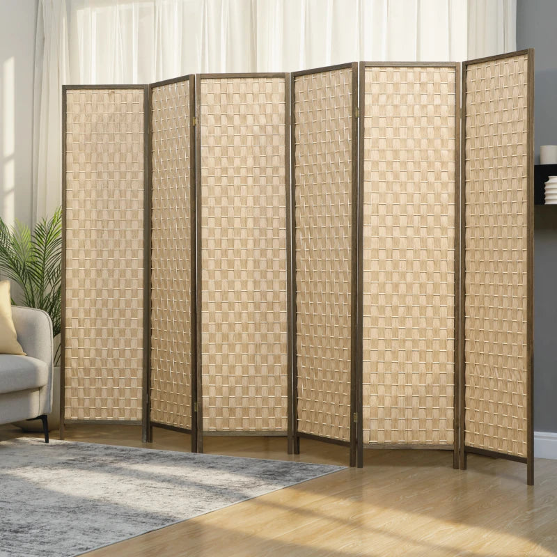 6 FT Room Divider, 6 Panel Folding Privacy Screen, Lightweight Handwoven Freestanding Partition for Home Office, Brown
