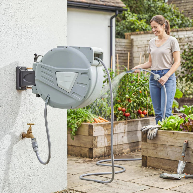 Retractable Garden Hose Reel, 1/2" x 98ft Wall Mounted Hose Reel with Auto Retraction, Self-Locking, Grey