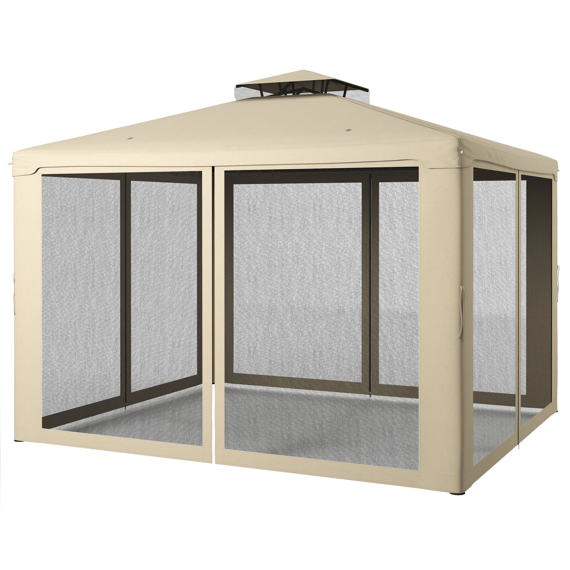 Outsunny 11.65' x 10' Patio Gazebo Outdoor Pavilion 2 Tire Roof Canopy Shelter Garden, Steel Frame w/ Mosquito Netting, Taupe 