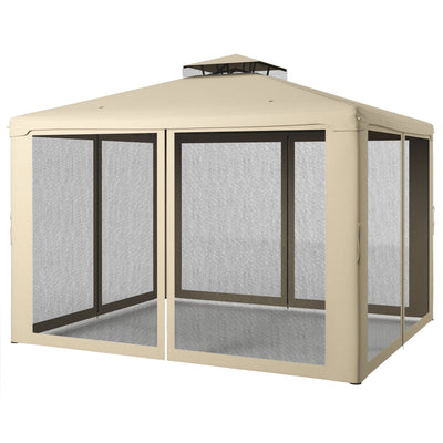 Outsunny 11.65' x 10' Patio Gazebo Outdoor Pavilion 2 Tire Roof Canopy Shelter Garden, Steel Frame w/ Mosquito Netting, Taupe 
