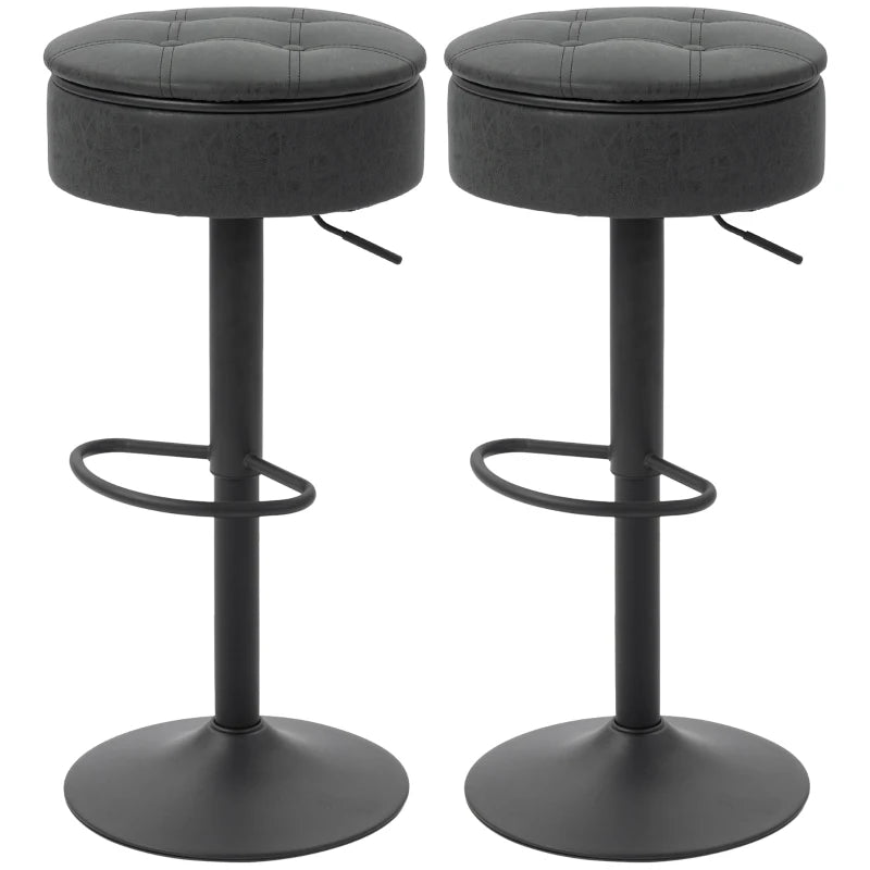 Set of 2 Barstools with Storage, Swivel Bar Stools with PU Leather Upholstered, Footrest, Steel Base, Black