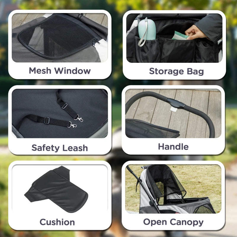 Foldable Pet Stroller for Large Dogs with Four Big Wheels, Shock-Absorbing Frame, Safety Leashes, Brakes, Dark Grey