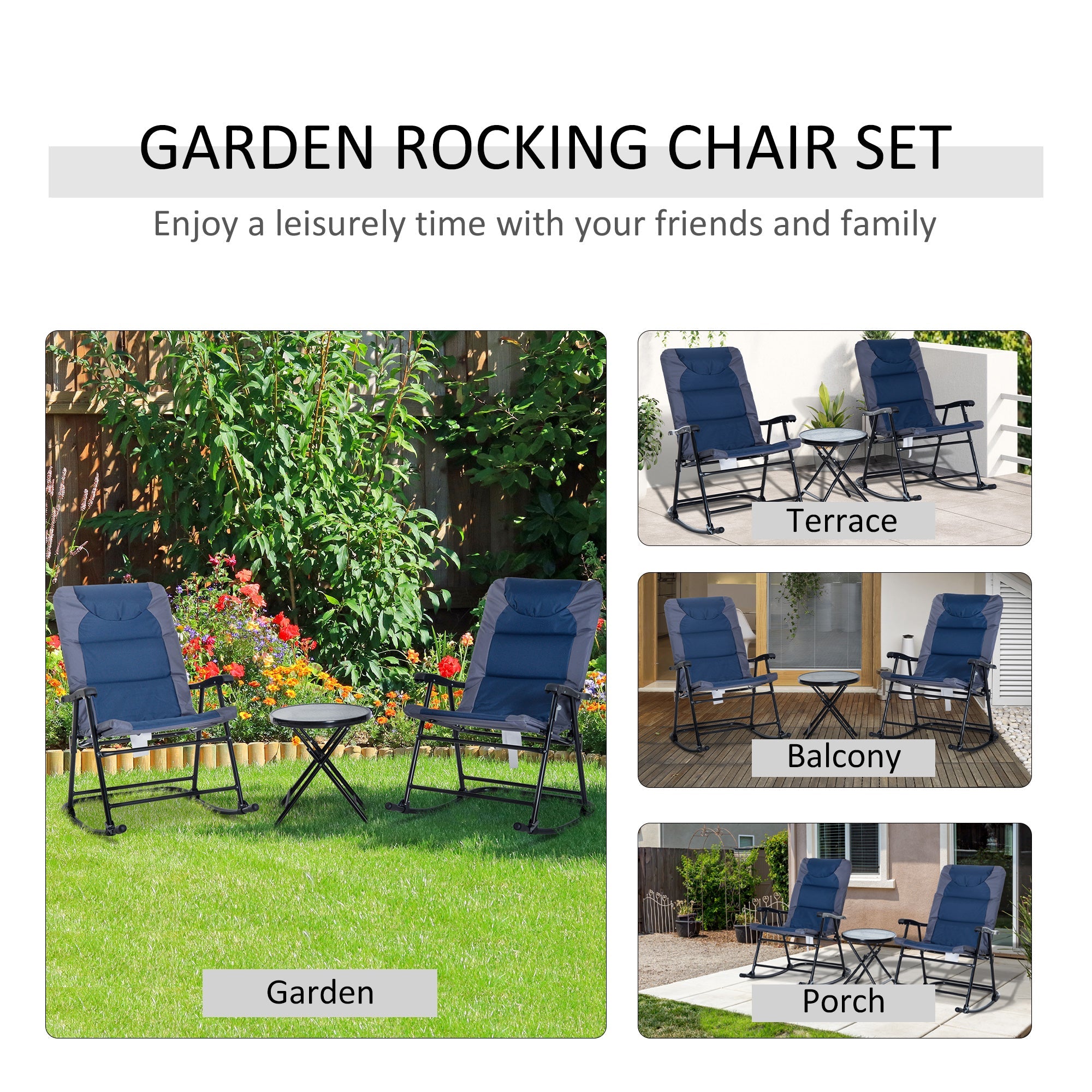 Outsunny 3pc Folding Outdoor Rocking Chair and Table Set Yard 
