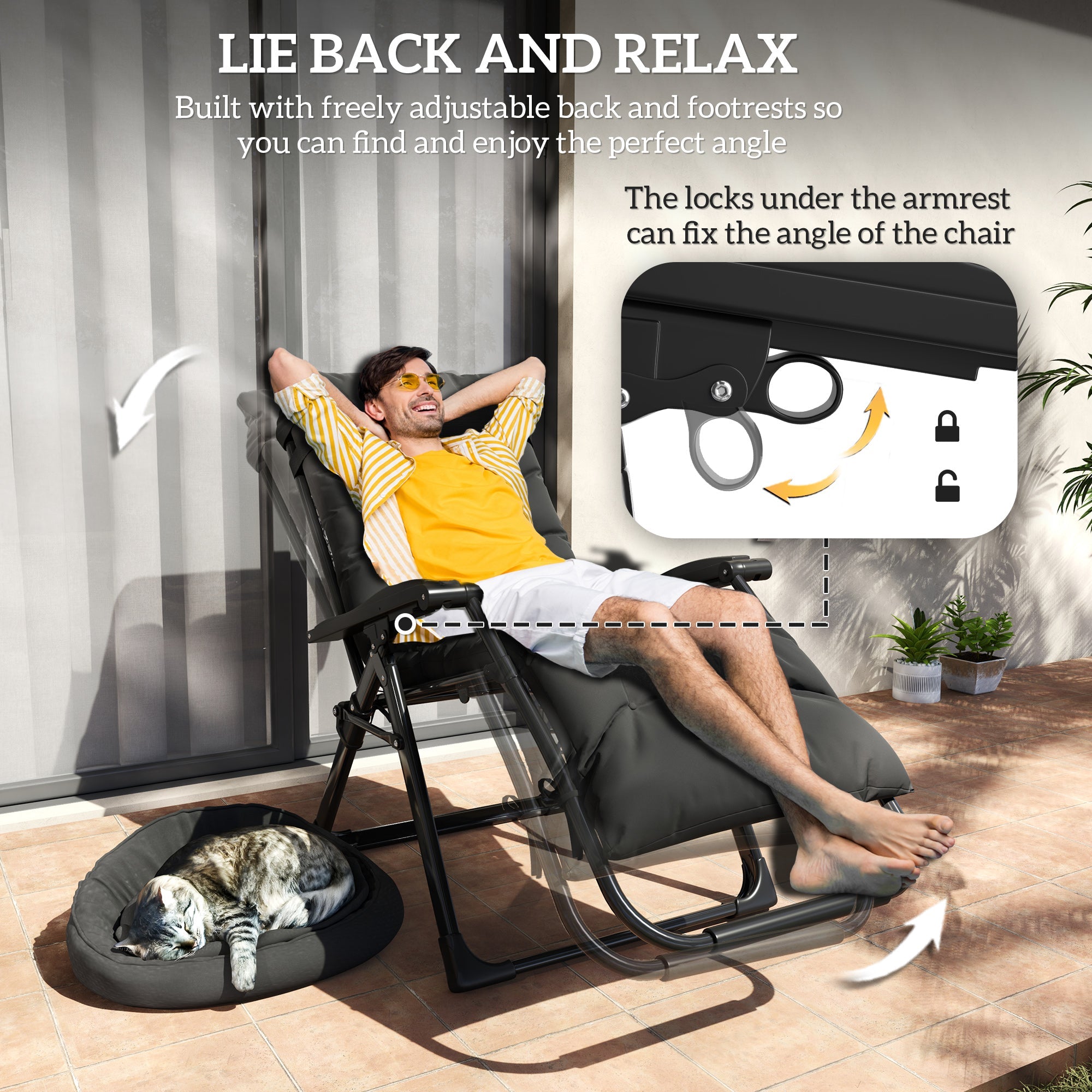 Outsunny Folding Garden Chairs Set of 2, Reclining Zero Gravity Chair, Sun Lounger with Cushion and Headrest, Black 