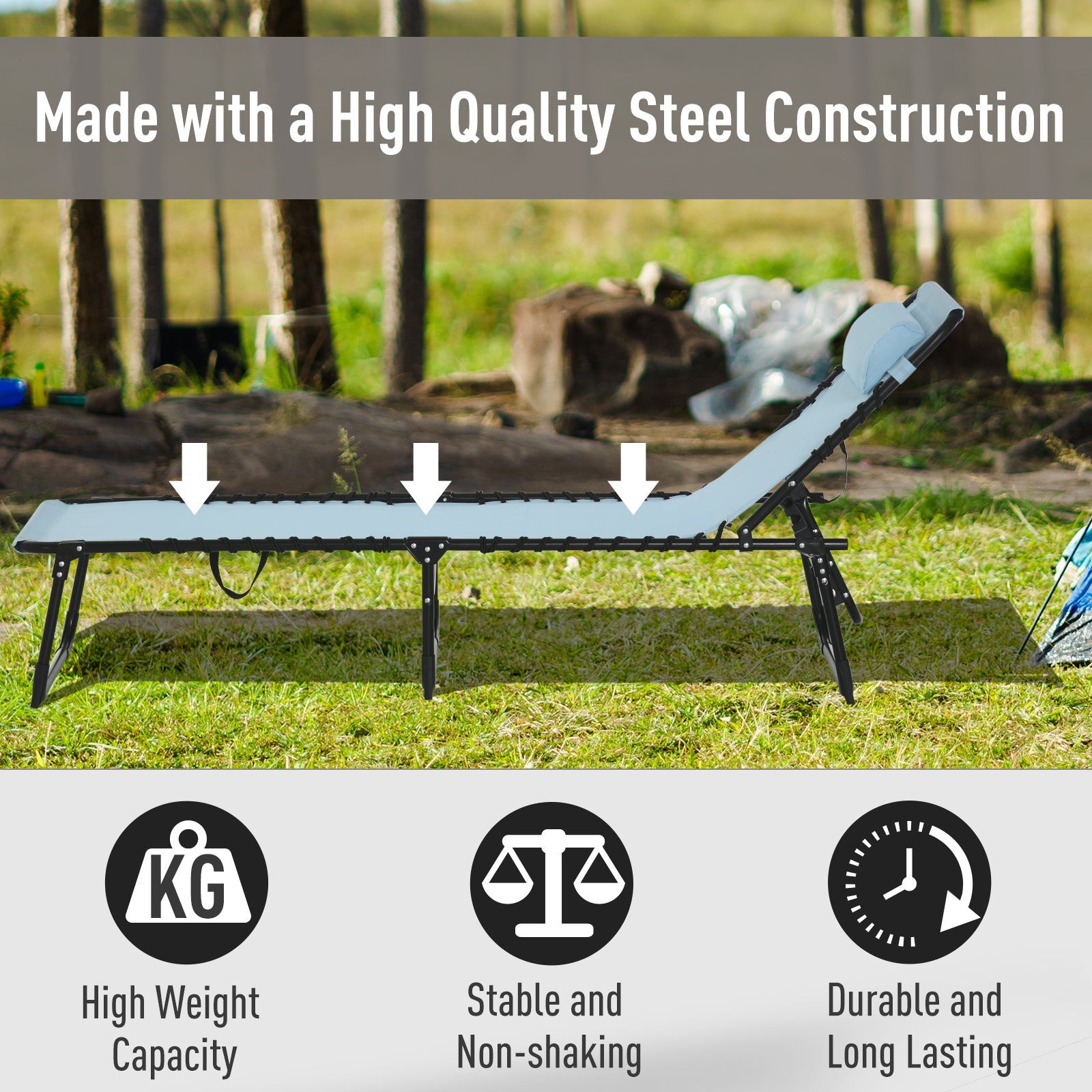 Outsunny Adjustable Folding Beach Bed 4-Level Reclining Lounger Lightweight Portable Camping Light Blue 