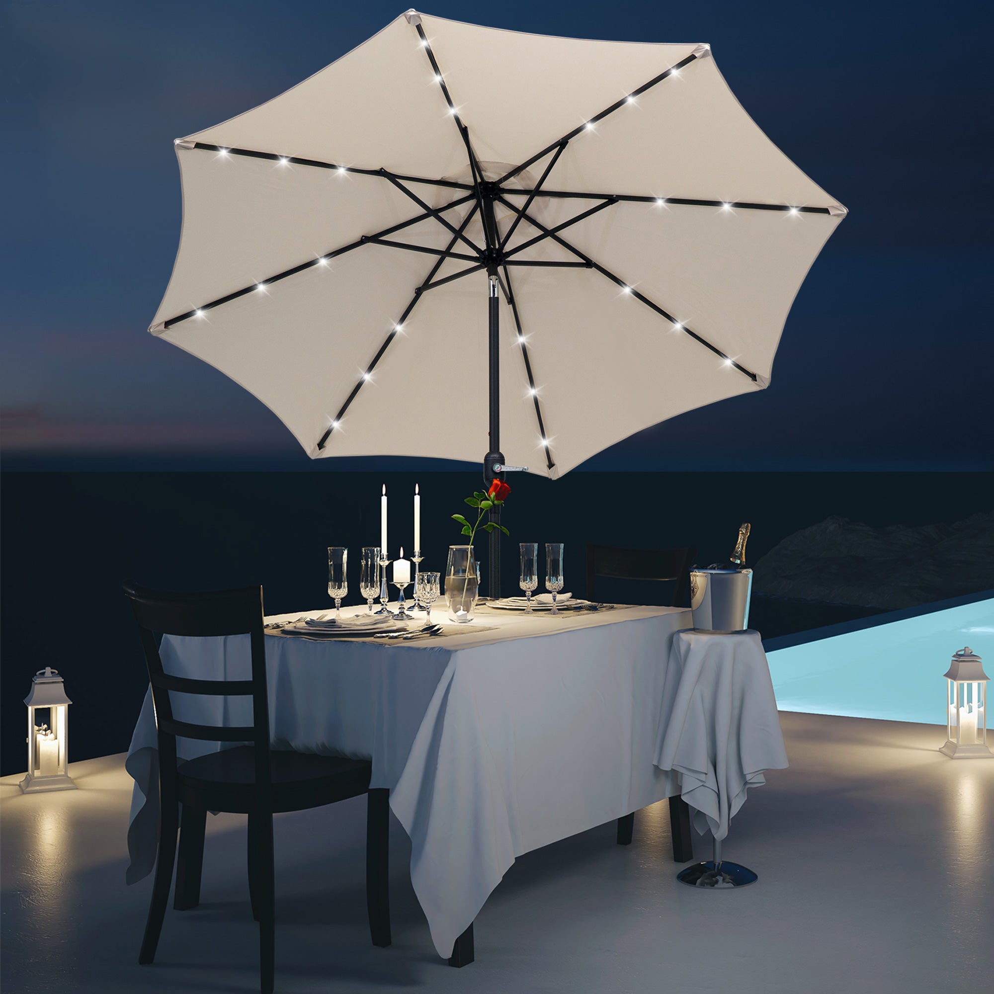 Outsunny 9ft Solar LED Patio Umbrella: Cream Outdoor Tilt Canopy with 24 Lights for Nighttime Ambiance 