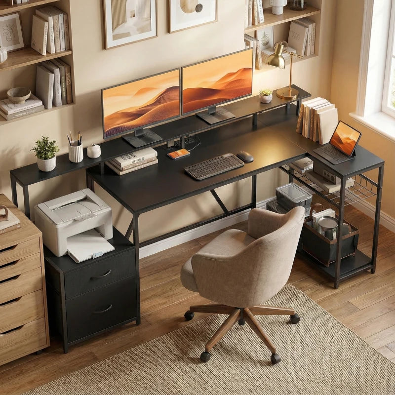 76" Gaming Desk, Reversible Computer Table with RGB Lights, USB Ports, Monitor Stand and 2 Fabric Drawers, Black