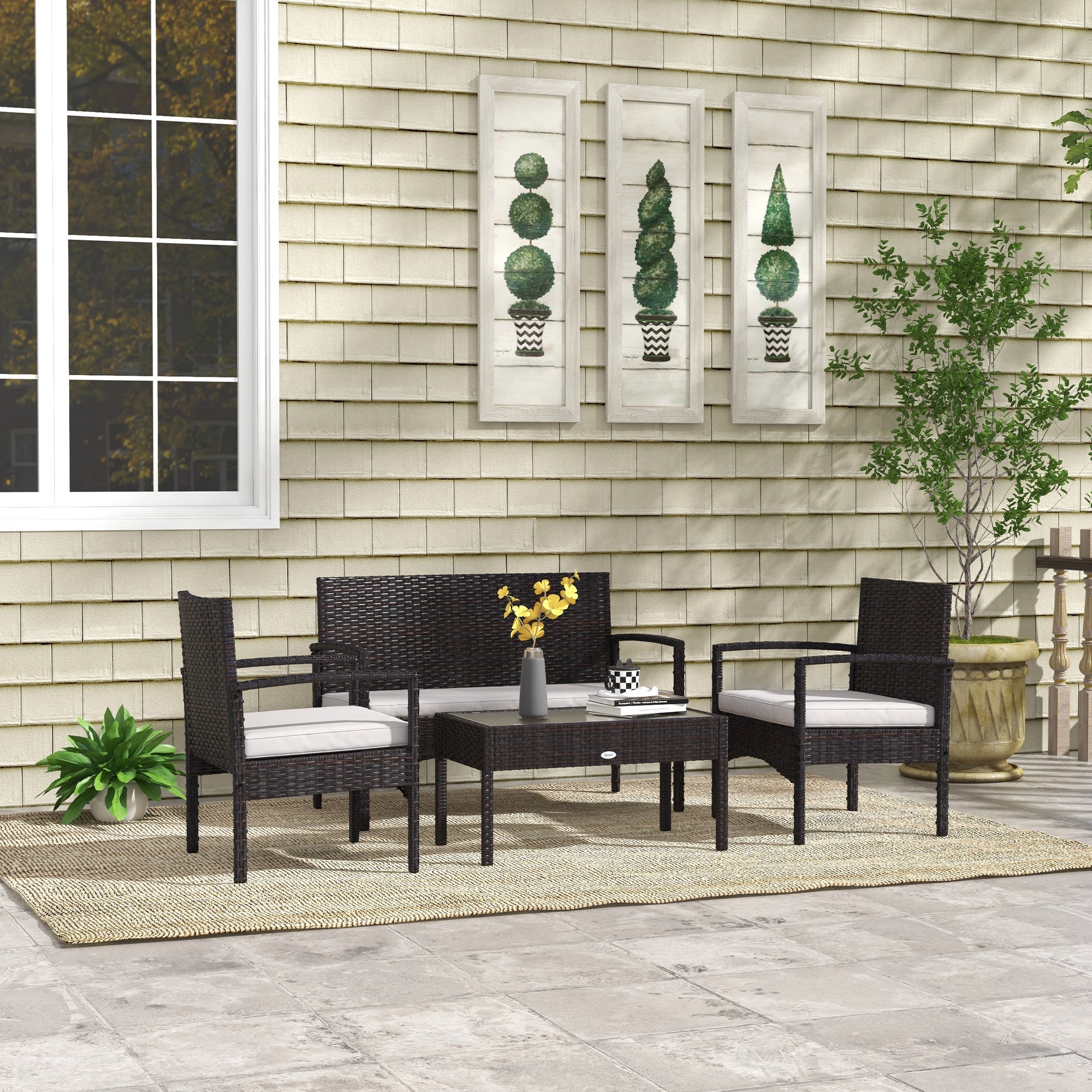 Outsunny 4-Piece Patio Furniture Set Loveseat Sofa Armchairs Glass Table Outdoor Wicker Conversation Set White 