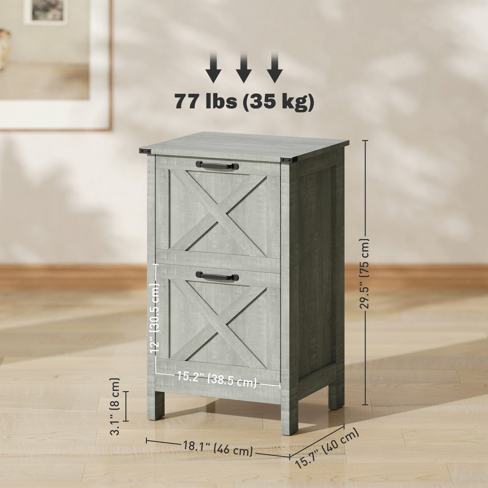 HOMCOM Vertical Filing Cabinet with 2 Drawers, Rustic Farmhouse Office Storage Cabinet for A4, Letter Size, Stone Grey 