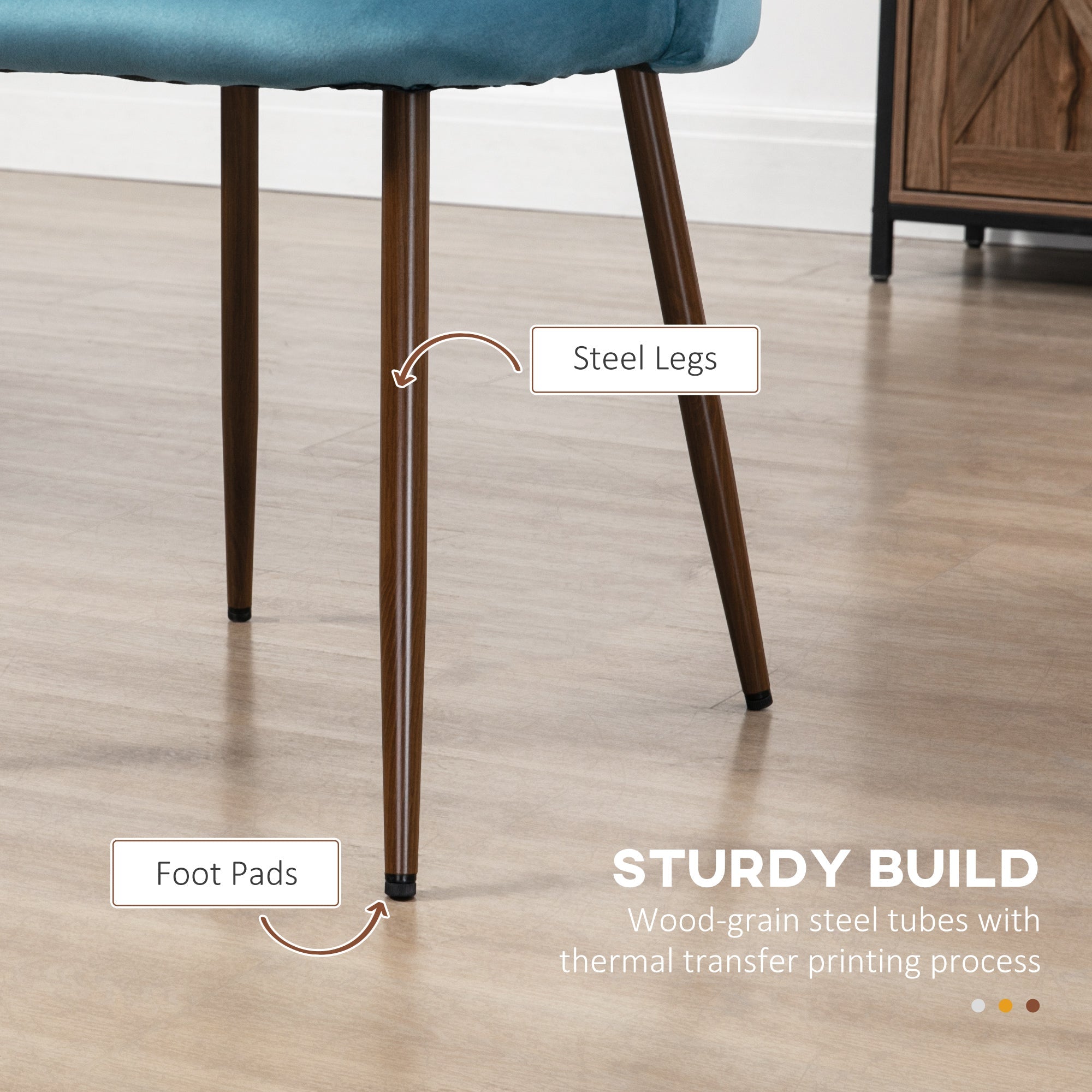 HOMCOM Set of 4 Dining Chairs Modern Velvet Upholstery Curved Back Wood-grain Steel Legs Blue 