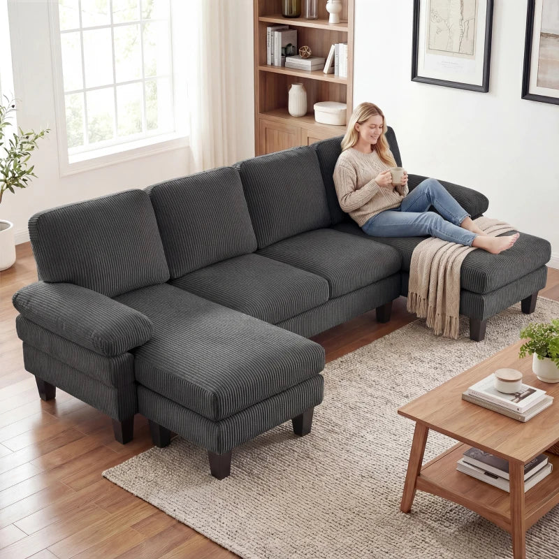 Sectional Sofa, U Shaped Couch with Double Chaise, Pillow-top Armrests and Spring Cushions, 2200lb Capacity, Dark Grey