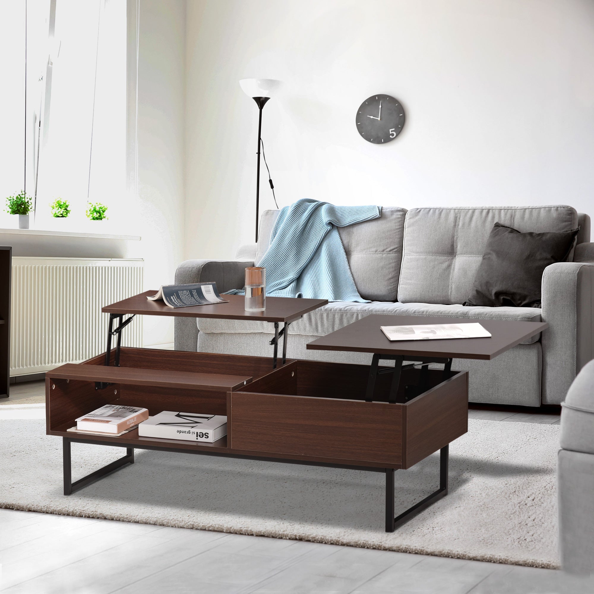 HOMCOM Modern Lift Top Coffee Table with Hidden Storage Compartment Metal Frame Center Table for Living Room Brown 