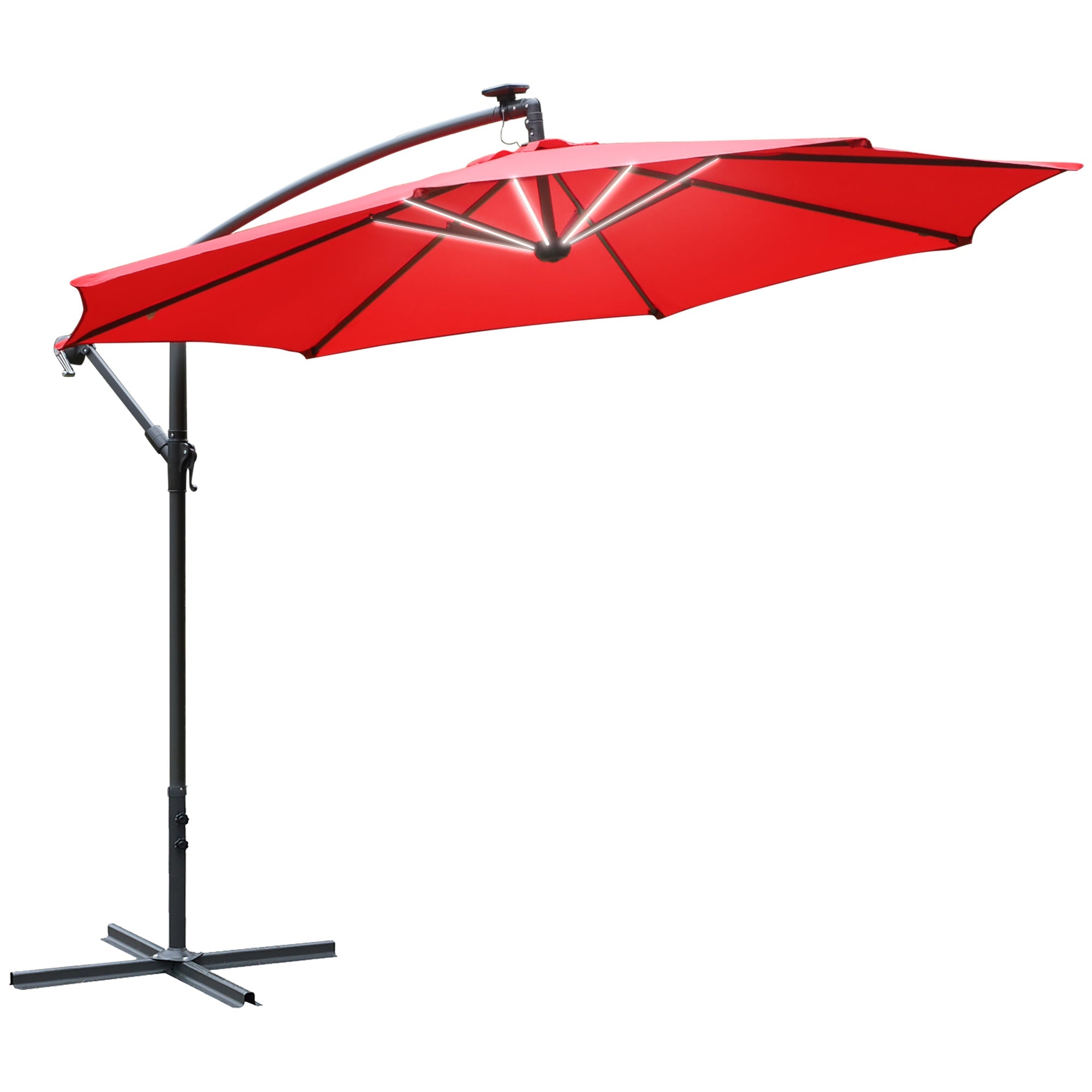 Outsunny 10ft Solar LED Cantilever Umbrella: Red Hanging Offset Market Parasol with Crank Feature 