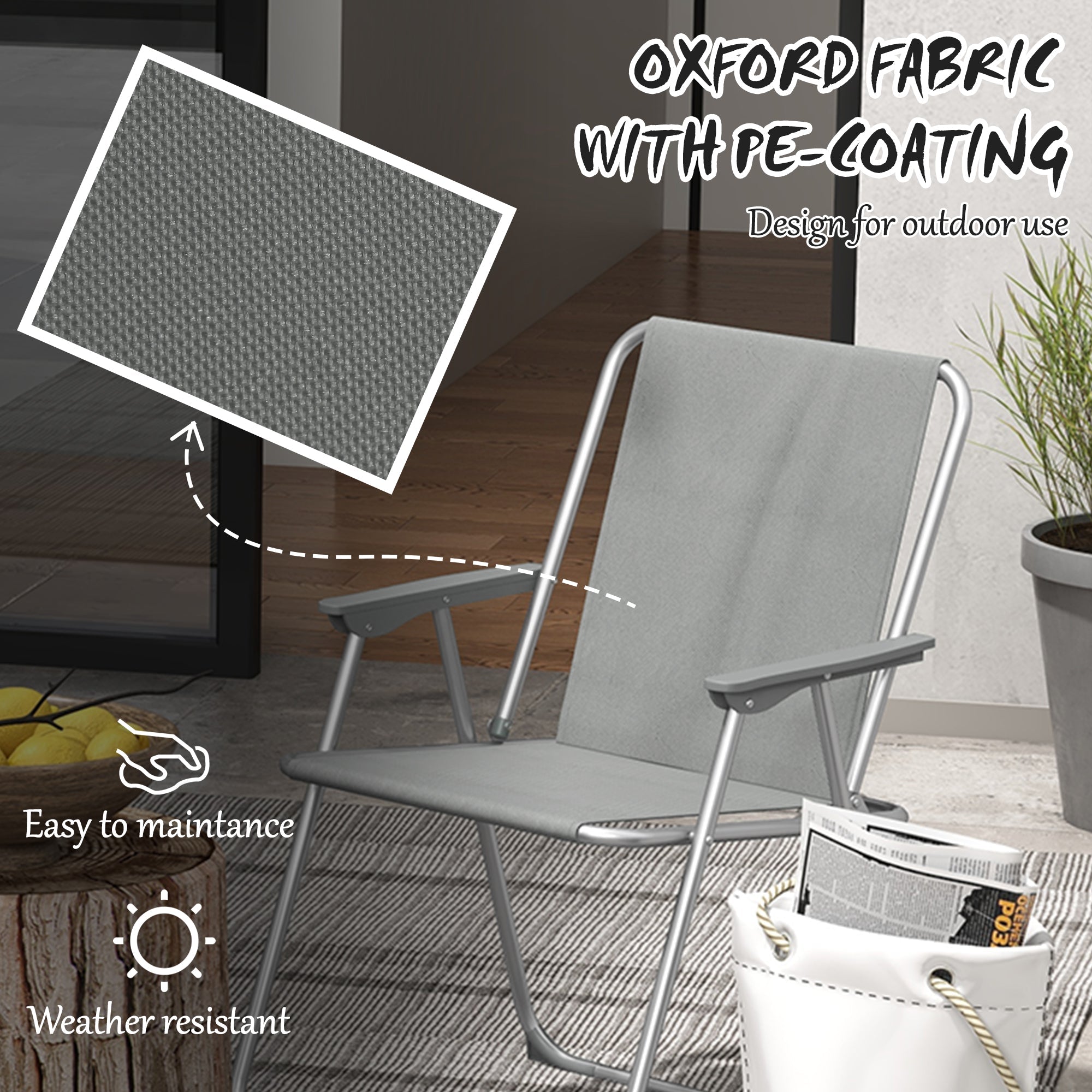 Outsunny 2 Pack Outdoor Folding Chair Set, Portable Camping Chairs with Armrest, Oxford Fabric Seat, Outdoor Chairs, Grey 