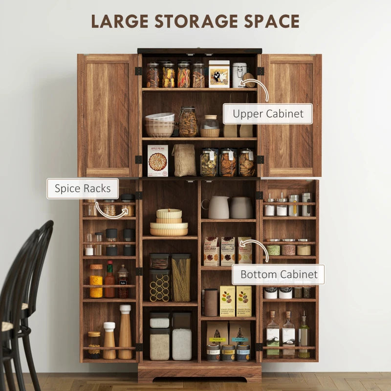 64" Tall Kitchen Pantry Cabinet with Spice Racks and Adjustable Shelves, Brown Wood Grain
