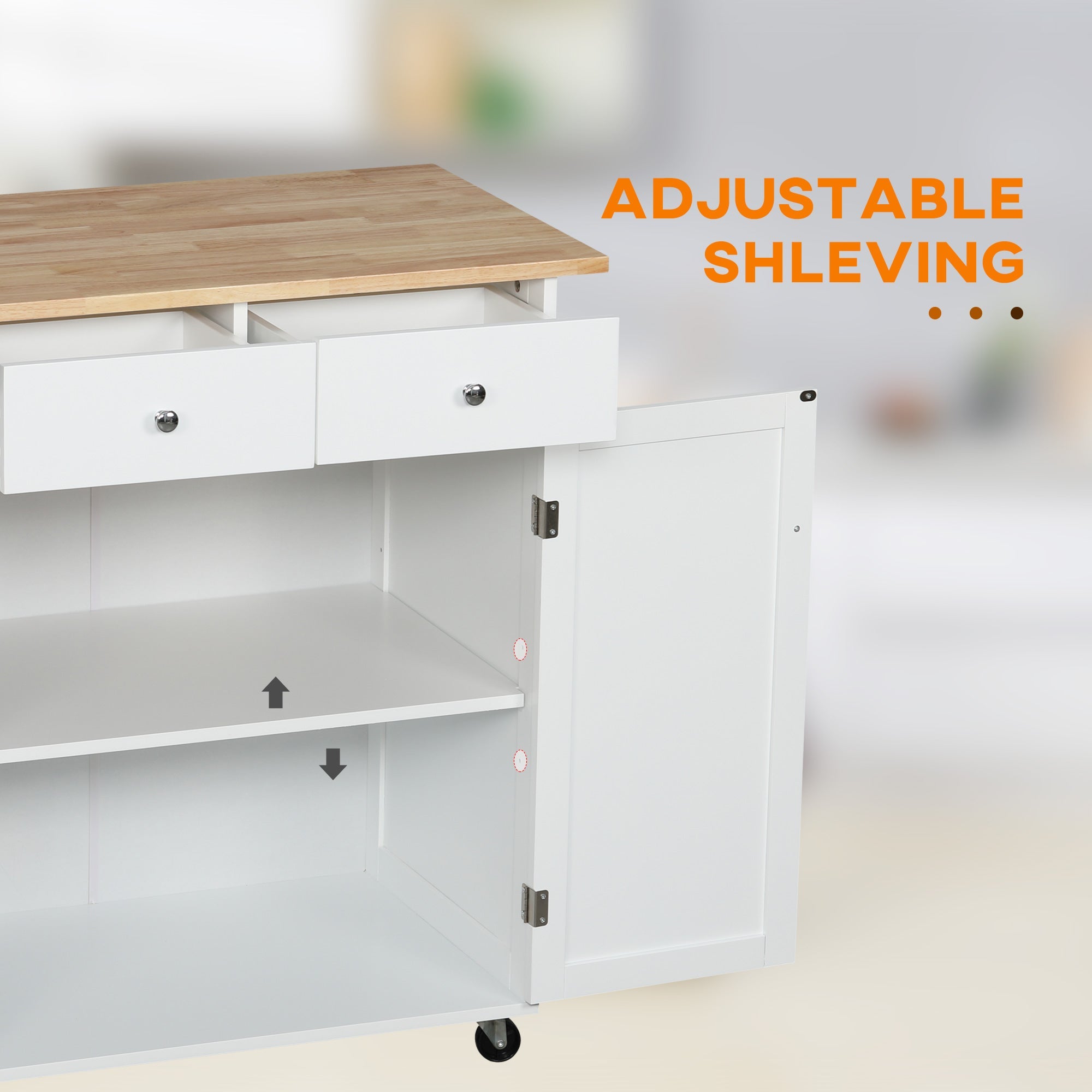 HOMCOM Mobile Culinary Companion: Rolling Kitchen Island Cart with Rubber Wood Top, Towel Rack, Storage Drawers, White Finish 