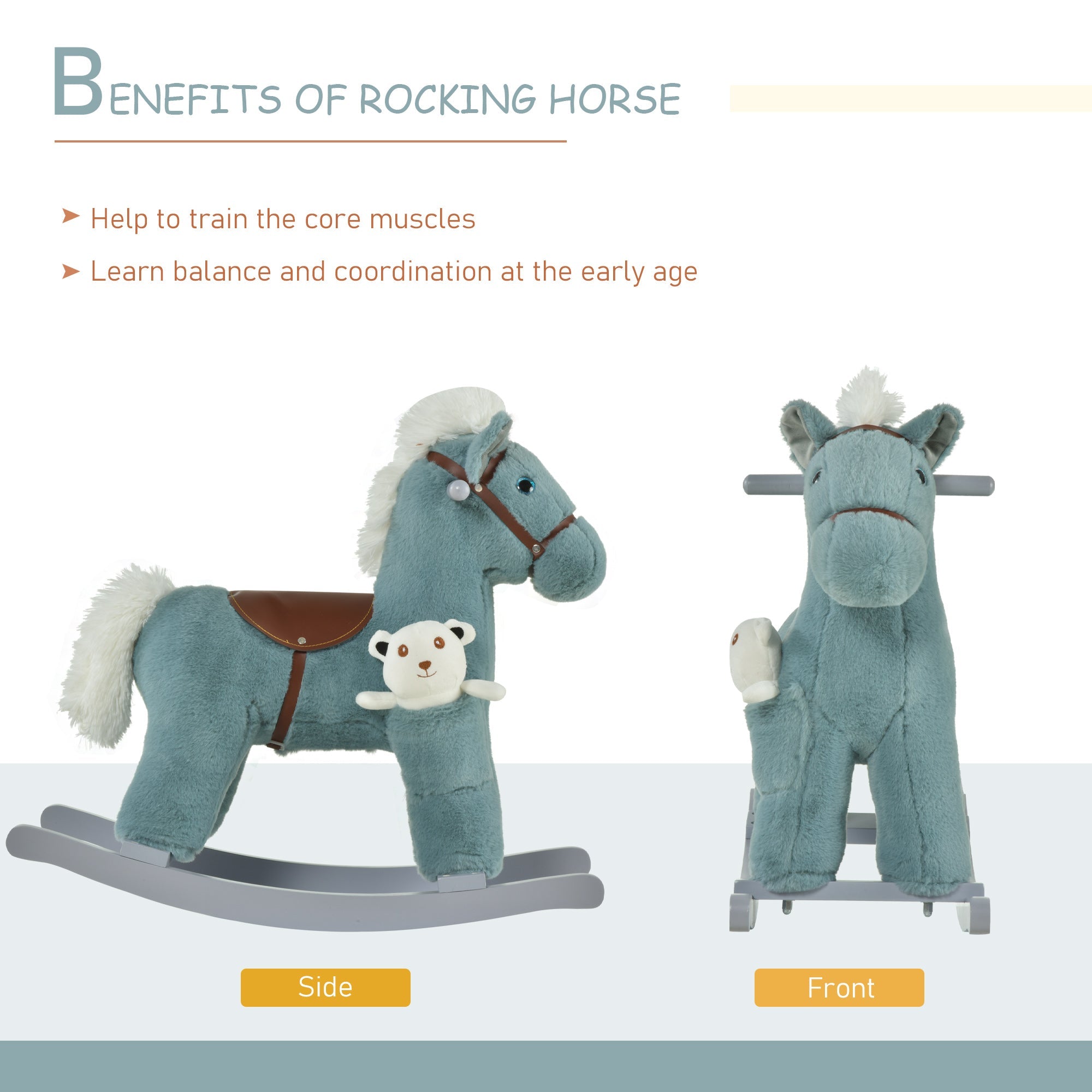Qaba Toddler Rocking Horse - Blue Plush Ride-On Toy with Bear and Realistic Sounds for Kids 18-36 Months 