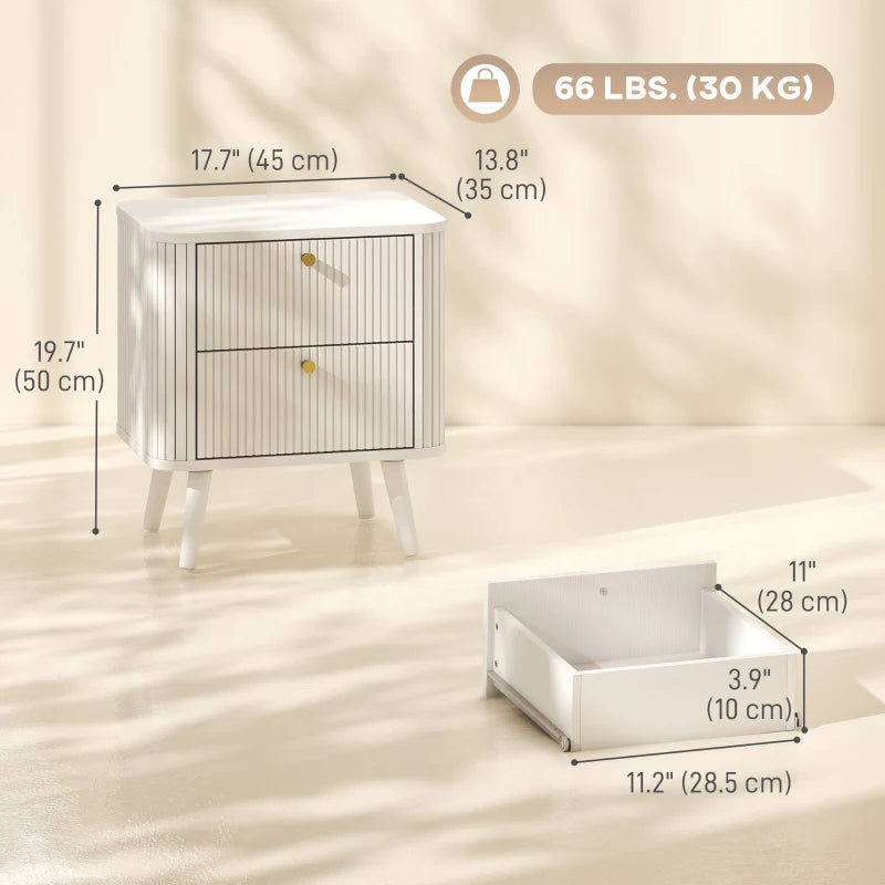 Modern Nightstand Set of 2 with 2 Drawers, White Wood Grain Bedside Tables with Gold Handles