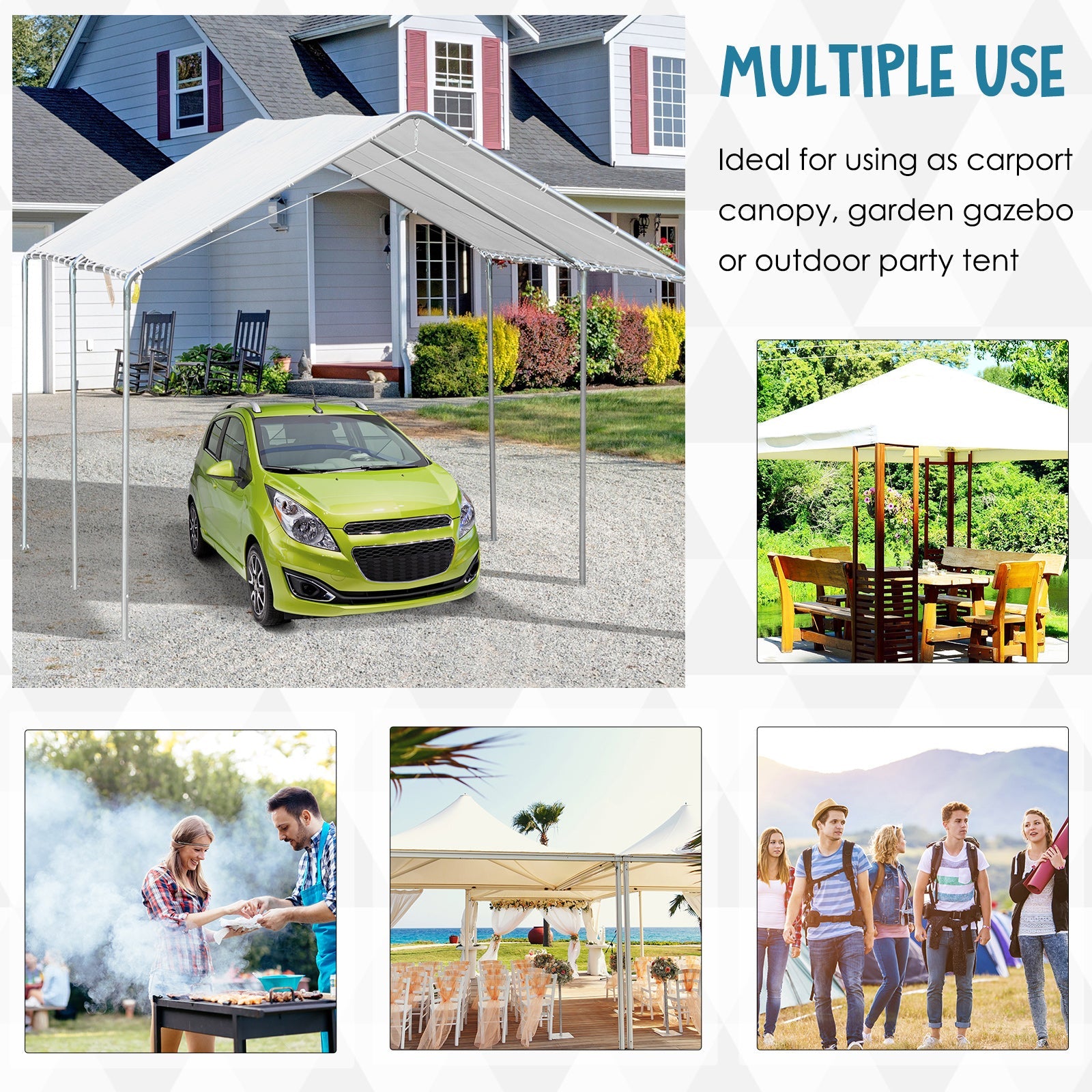 Outsunny Carport 10'x20' Heavy Duty Galvanized Steel Canopy Anchor Kit White 
