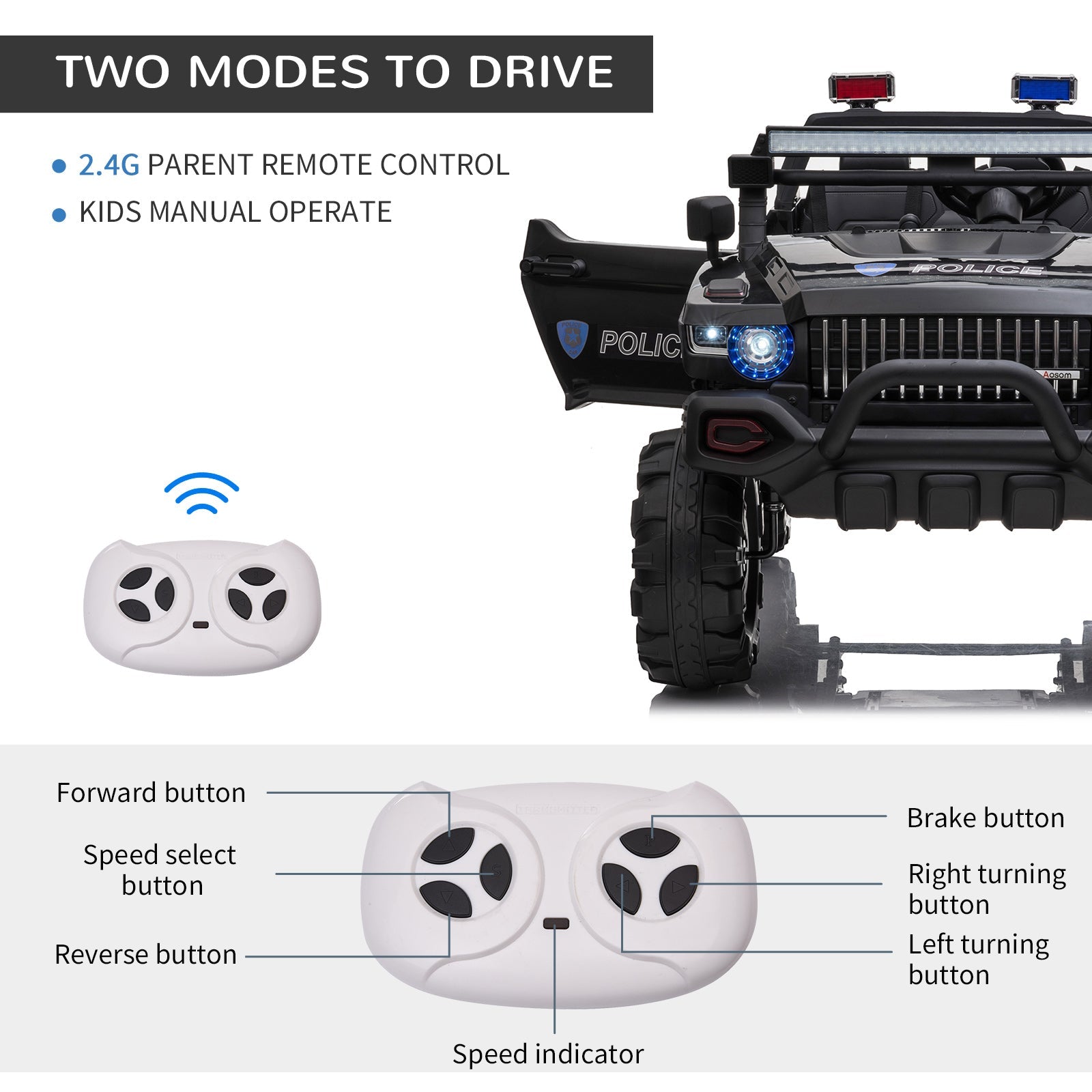 Aosom 12V Kids Police Truck Ride-On Car RC 2-Seater with LED Lights MP3 Parental Remote Control Black 