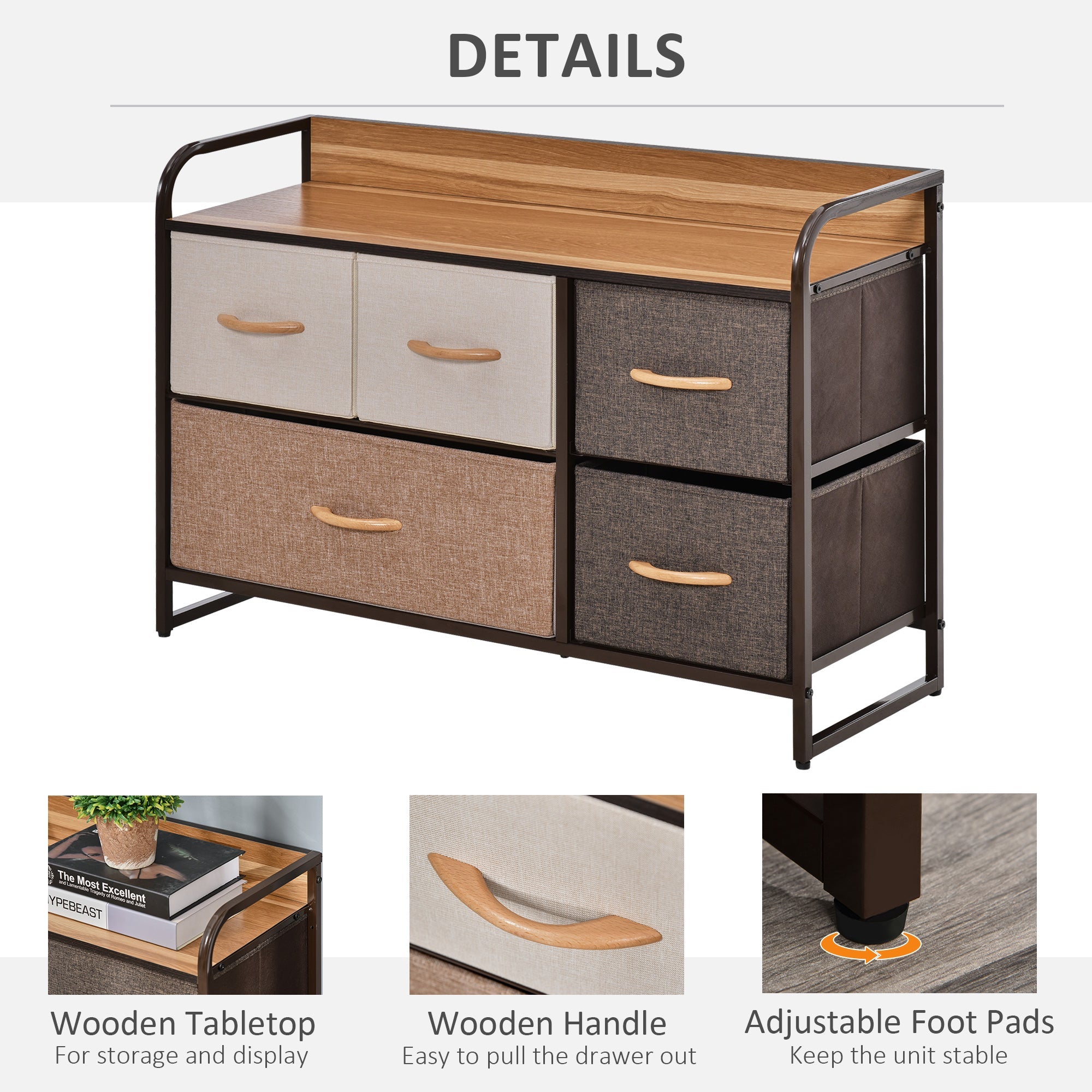 HOMCOM 5-Bin Dresser Storage Tower Cabinet Organizer Unit Easy Pull Fabric Bins Metal Frame Bedroom 