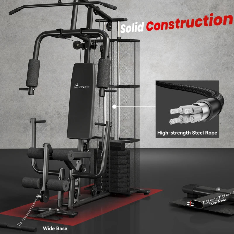 Soozier Home Gym, Multifunction Gym Equipment Workout Station with 100Lbs Weight Stack for Lat Pulldown, Leg Extensions, Preacher Bicep Curls, Triceps Pulldowns, Chest Press, Black