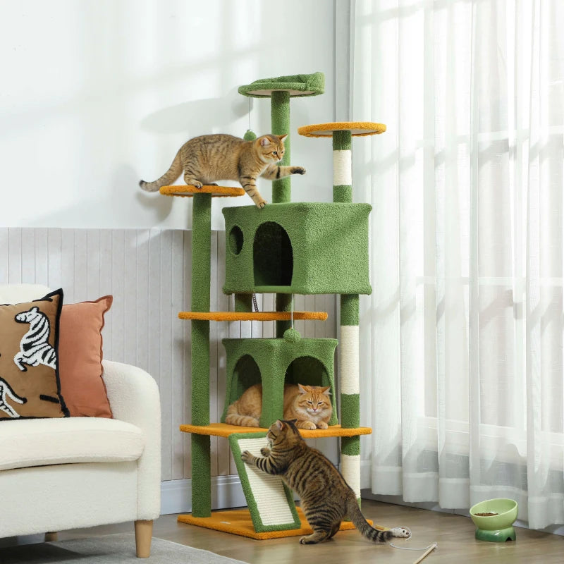 63" Cat Tree, Multi-Level Cat Tower with Scratching Posts, Cat Condos, Bed, Platforms, Ramp, Toy Ball, Green