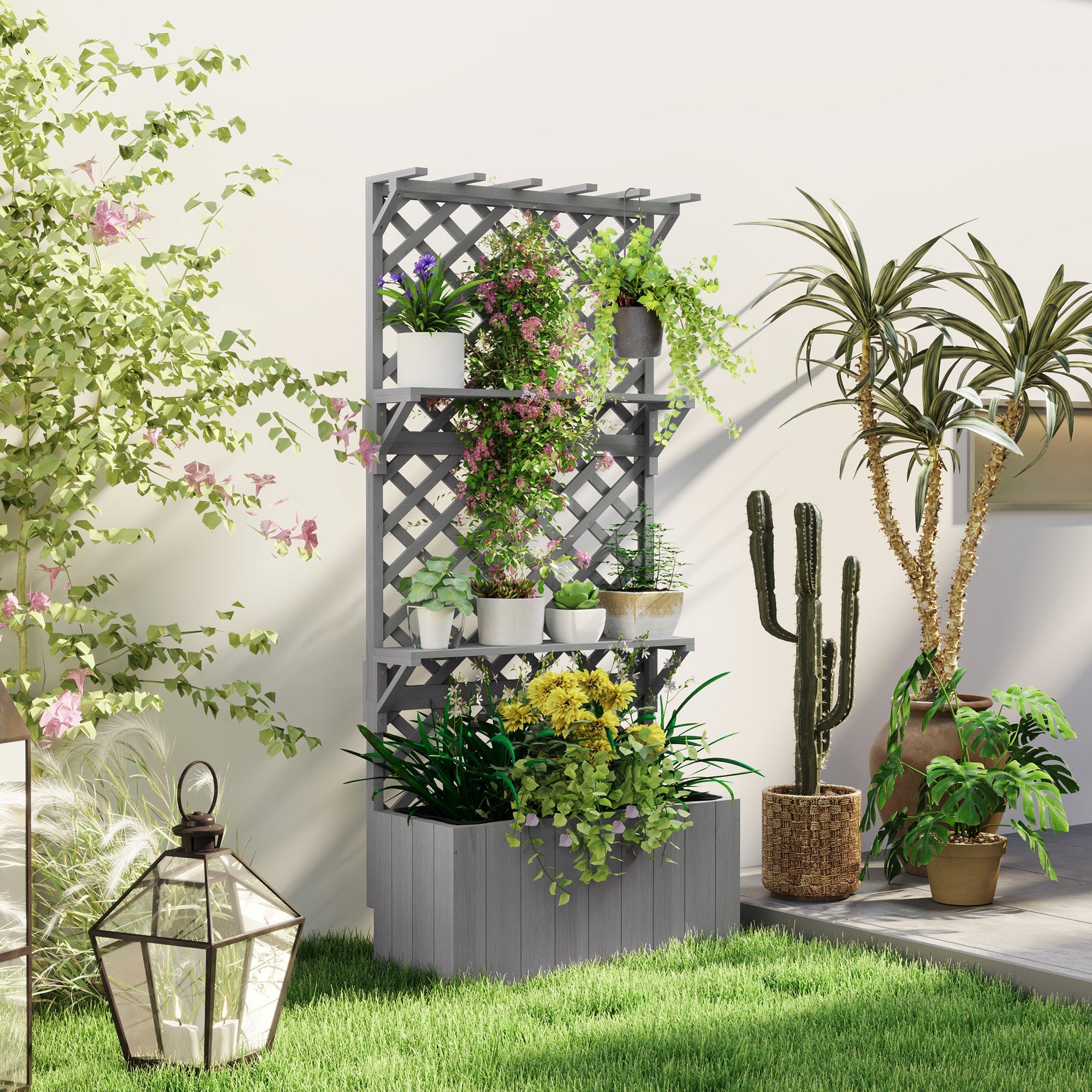 Outsunny Raised Garden Bed, Wooden Planter with Trellis, Hanging Roof, Plant Shelf, Drainage Holes and Bed Liner, Grey 