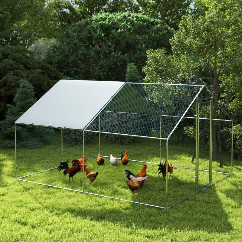 Metal Chicken Coop, 9.8 x 11.2 FT Walk-in Chicken Run with Cover, Lockable Door, Outdoor Poultry Cage for 10-15 Chickens