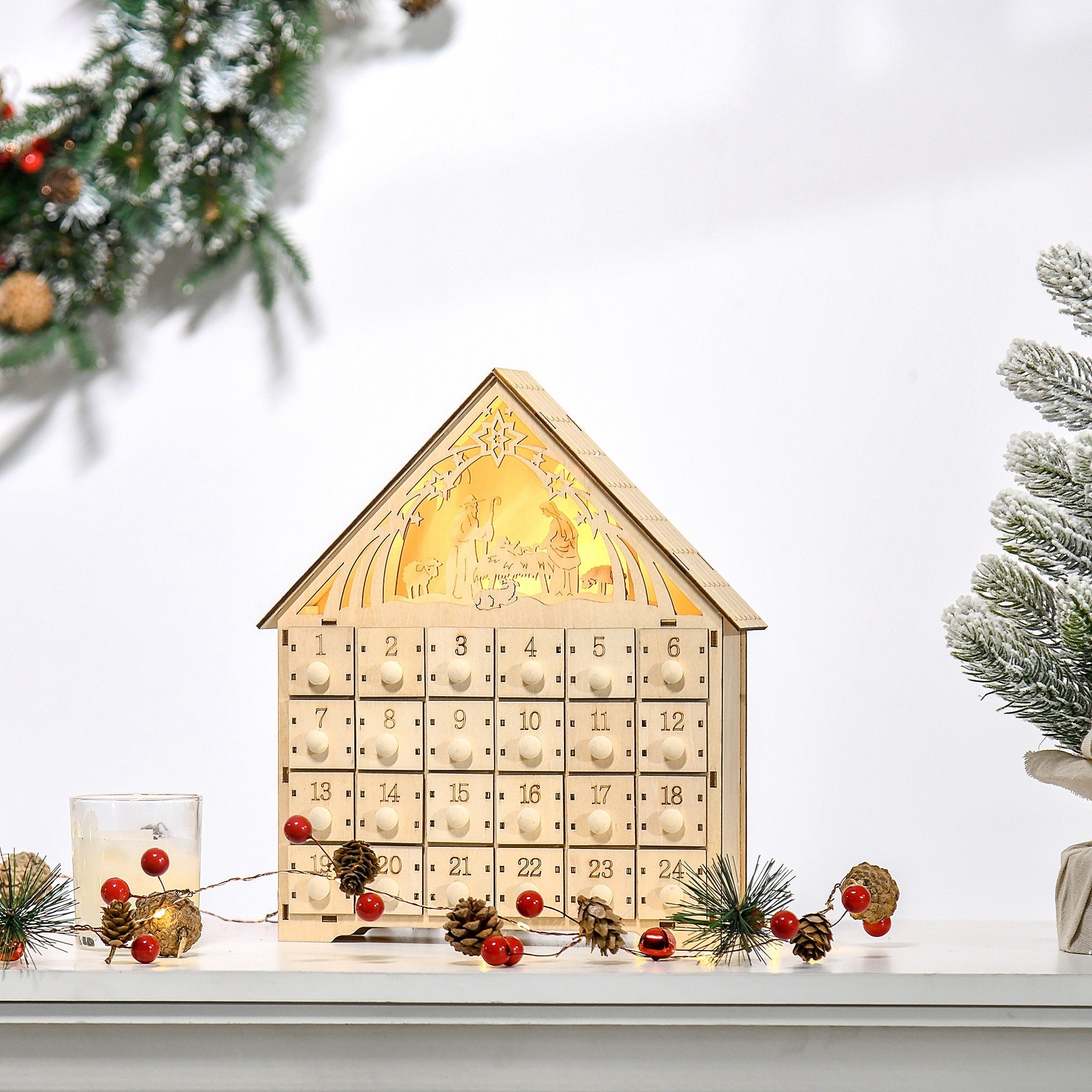 HOMCOM Wooden Lighted Christmas Advent Calendar - 24 Day Xmas Countdown with Drawers for Holiday Table Decoration, Natural 