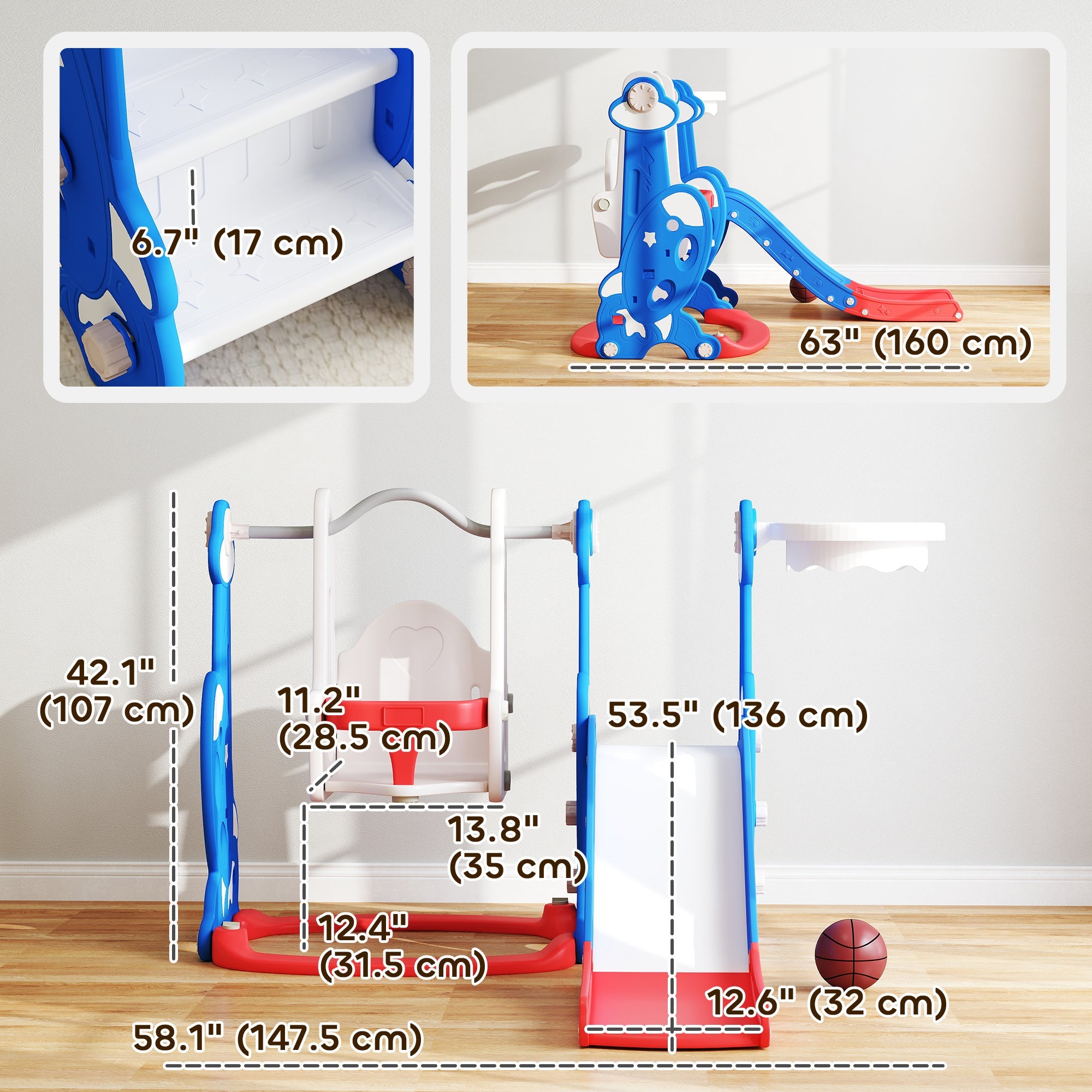 Qaba 4-in-1 Slide and Swing Set with Basketball Hoop, Climber, for Ages 1.5-4 Boys Girls Toddler, Rocket Themed, Dark Blue 