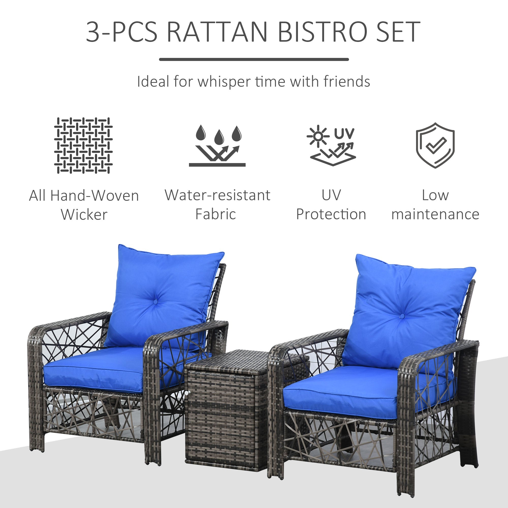 Outsunny 3 PCS Patio Wicker Coffee Table Set Bistro Conversation Furniture with Cushion & Storage Function Patio Yard Porch Blue 