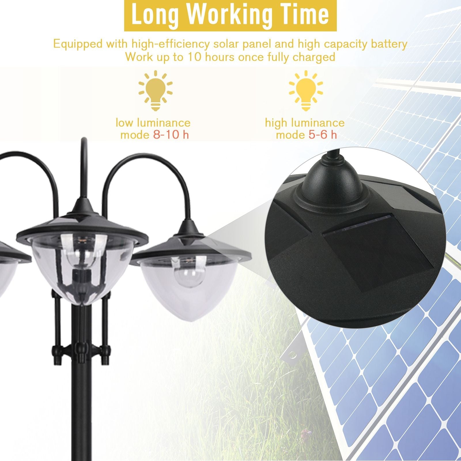 Outsunny Solar Lamp Post, 3-Head LED Garden Light with Built-In Planter & Battery for Garden Decoration, Black 