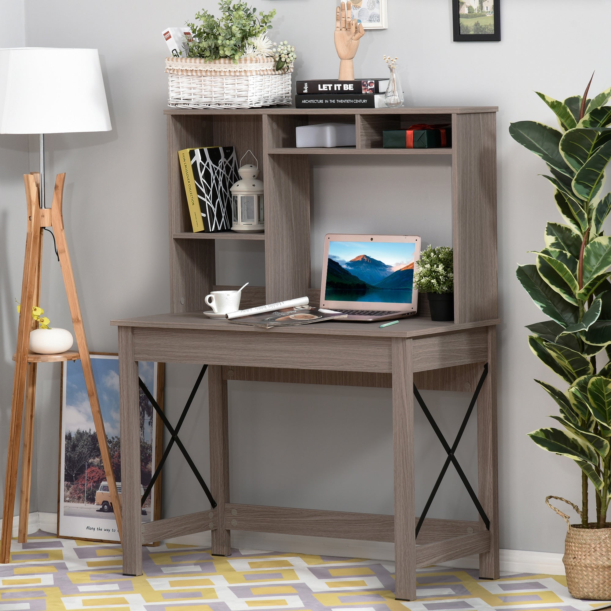 HOMCOM Study Desk: Bookshelves Storage, Writing Work, Bedroom Home Office Workstation, Brown 