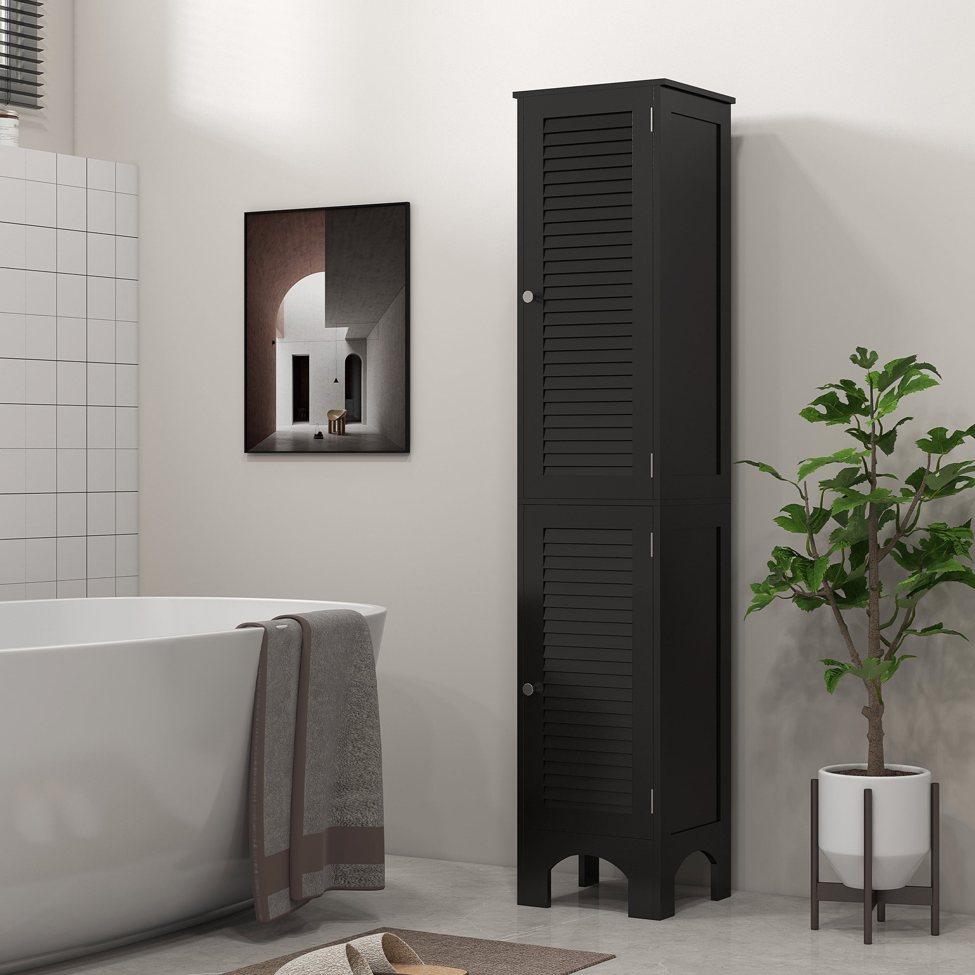 HOMCOM Narrow Tall Bathroom Storage Cabinet Shelves Doors Black 