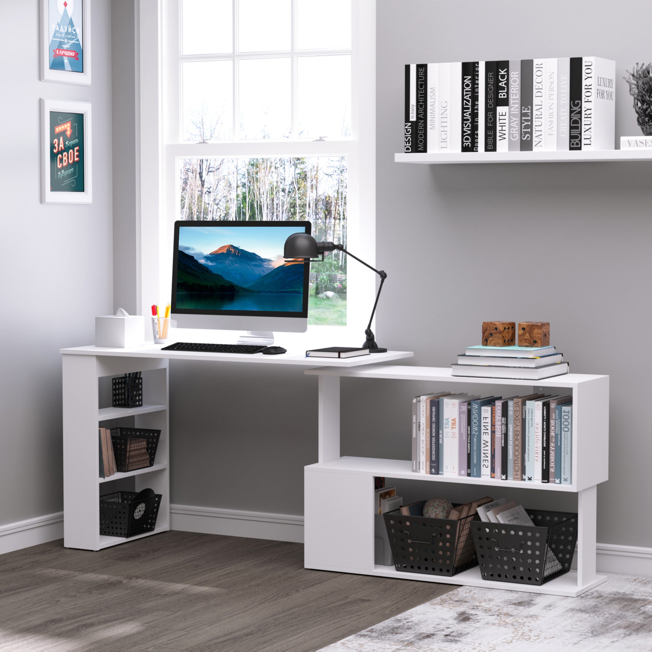 HOMCOM White L-Shaped Desk - 360° Rotating Corner Computer Writing Table with Storage Shelf for Home Office 