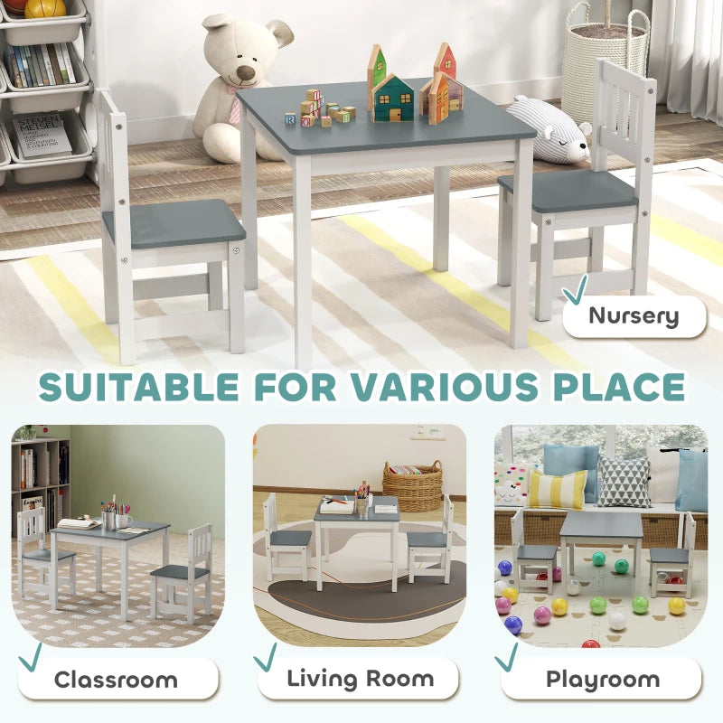 Qaba Kids Table and Chairs Set, Toddler Table and 2 Chair Set for Activity, Art, Craft, Reading, Learning, Grey