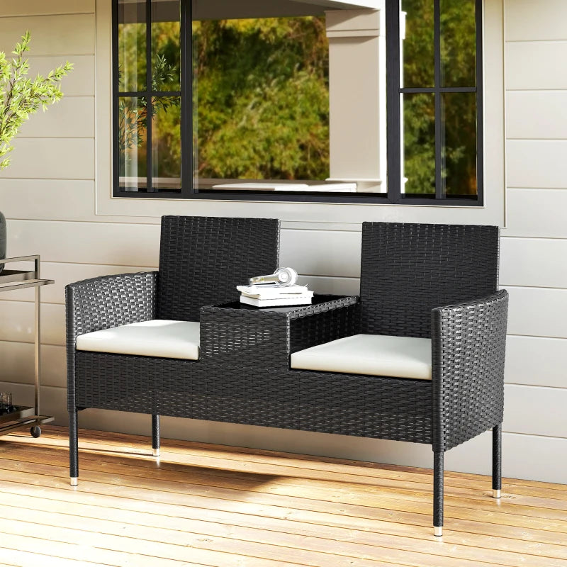 Patio Furniture w/ Mid-Table PE Rattan Loveseat w/ Cushion, Cream White