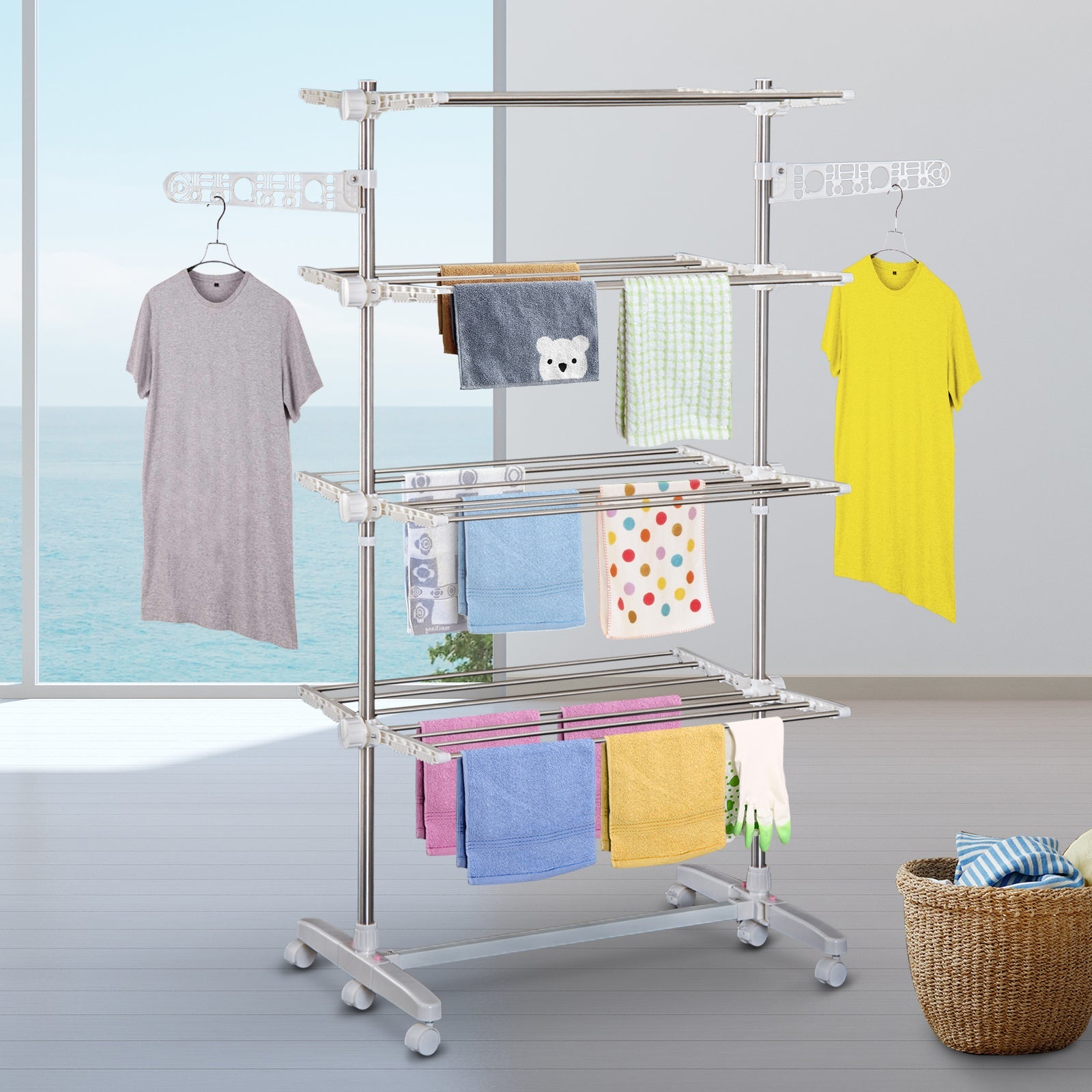 HOMCOM laundry drying rack Rolling Foldable Clothes Drying Rack Heavy-Duty Towel Holder w/ 4 Layers Stainless Steel Hanging Rods 