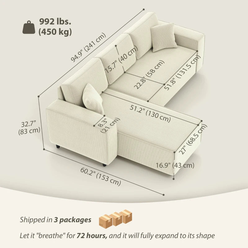 Corner Sofa with Changeable Chaise, Corduroy L-Shaped Sectional Sofa with Pocket Spring, 2 Pillows, Cream White