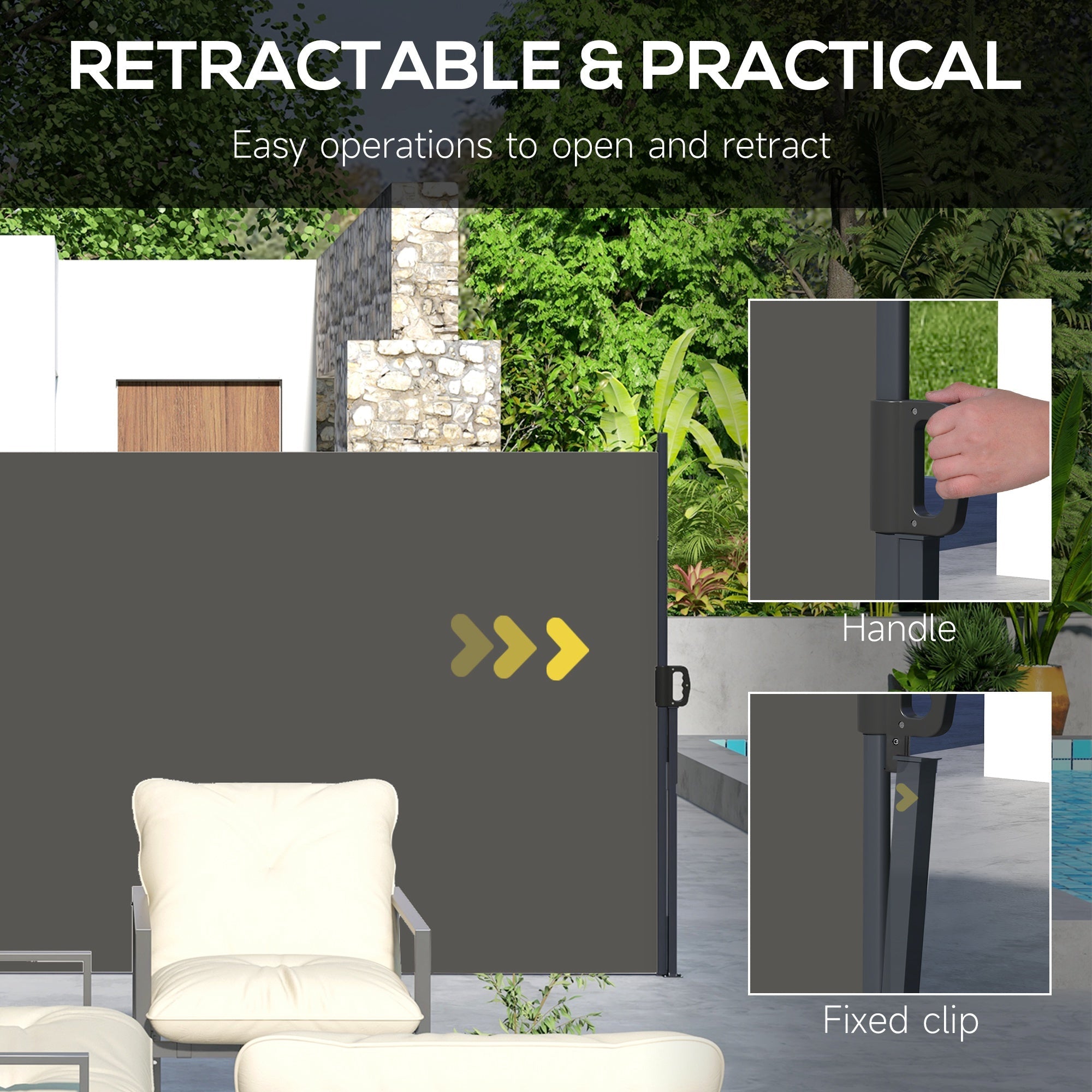 Outsunny Retractable Sidescreen: 13' x 5' Privacy Panel for Outdoor Garden Hot Tub Balcony Terrace Pool, Dark Grey 