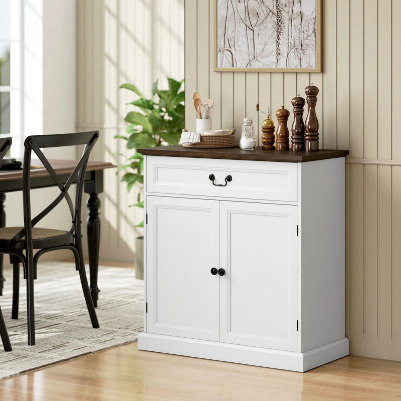 Buffet Cabinet, 32" Farmhouse Sideboard with Thick Top, Quiet Drawer and Adjustable Shelf, White Wood Grain