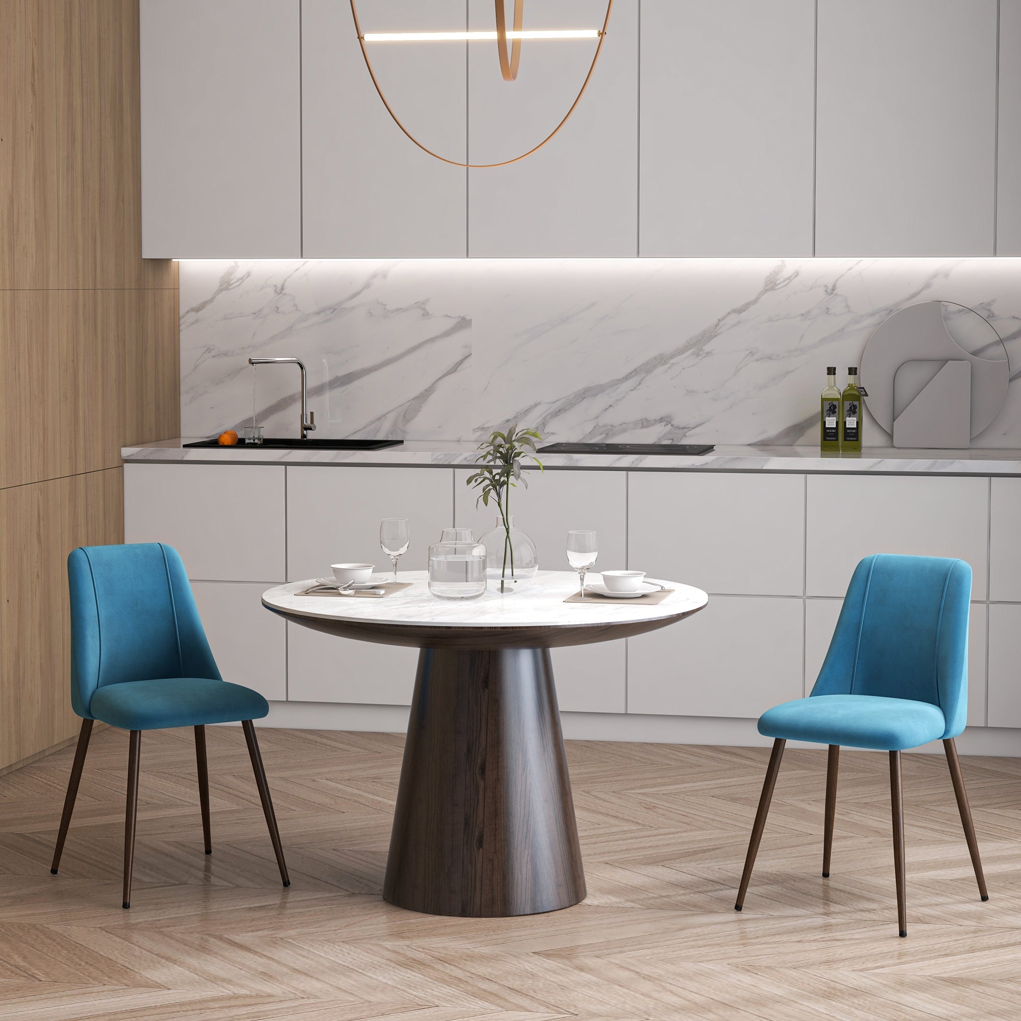 HOMCOM Set of 4 Dining Chairs Modern Velvet Upholstery Curved Back Wood-grain Steel Legs Blue 