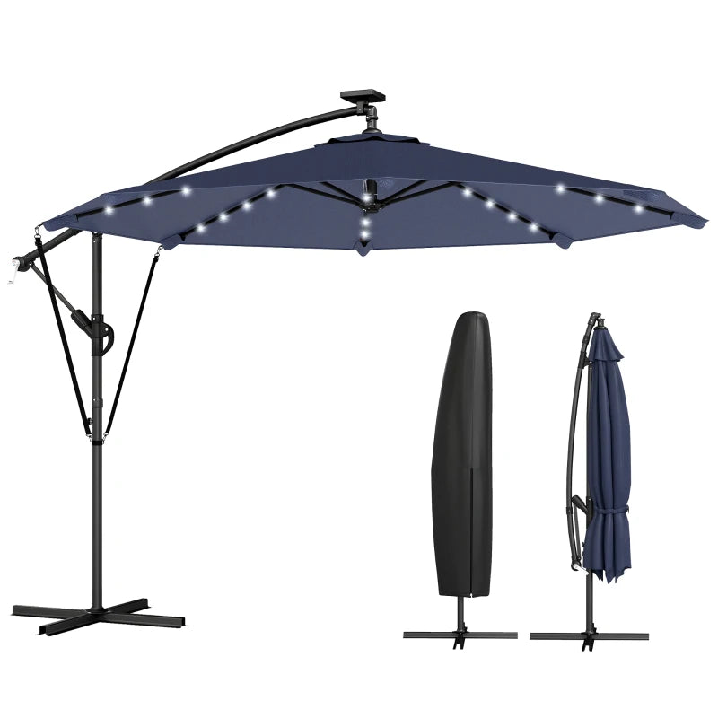 9.7ft Solar LED Cantilever Patio Umbrella with 32 LED Lights, Cross Base, Crank Handle, for Poolside, Deck, Dark Blue