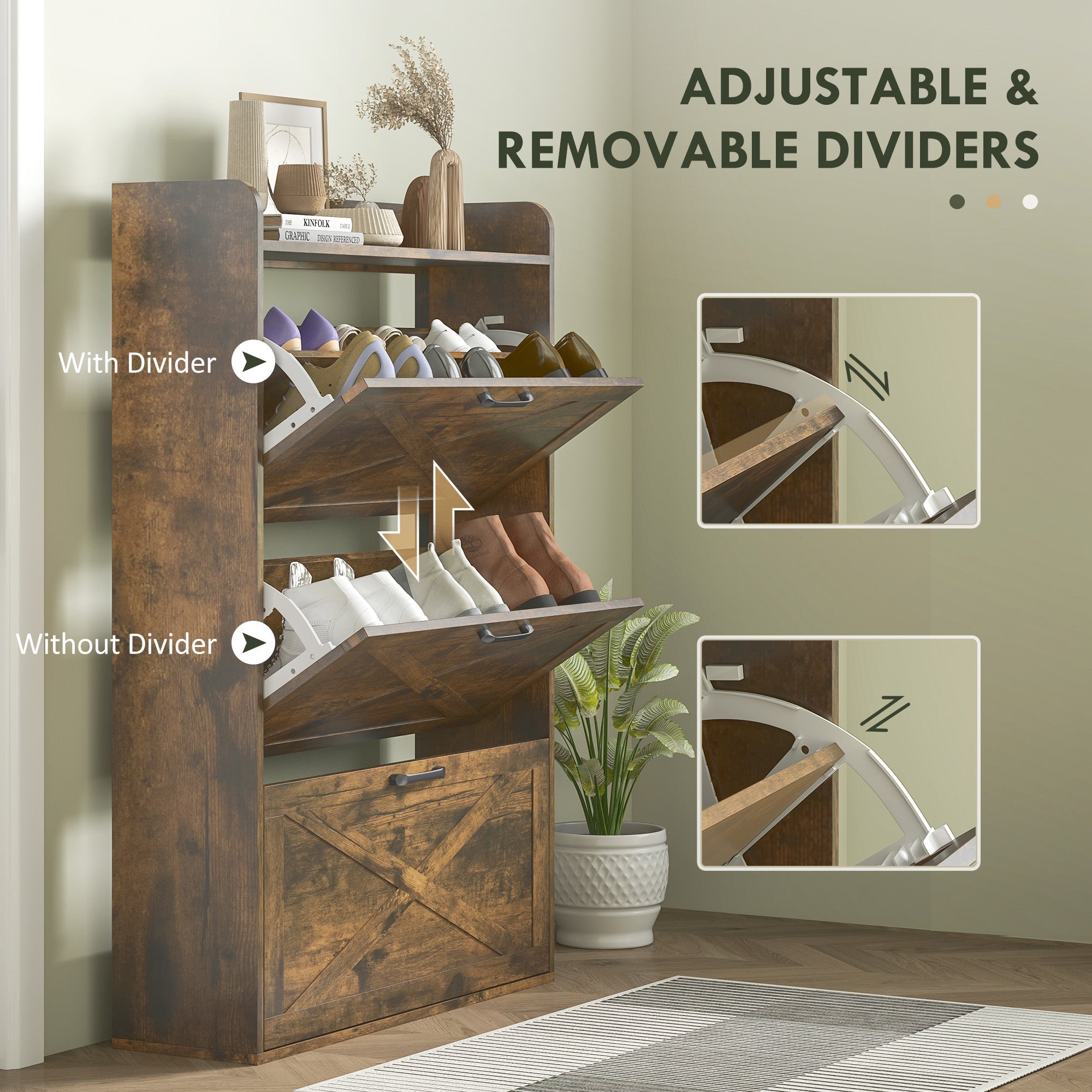 HOMCOM Narrow Shoe Storage Cabinet Farmhouse Shoe Cabinet with 3 Flip Drawers Adjustable Shelves for Entryway Rustic Brown 