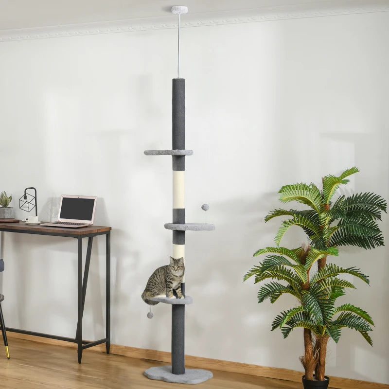 88.5"-100.5" Floor to Ceiling Cat Tree, Cat Tower with Scratching Posts, Cloud Shaped Platforms, Dangling Balls, Grey