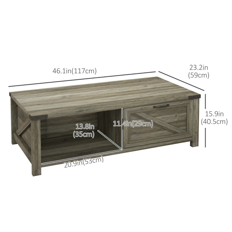 Farmhouse Coffee Table with Drawer and Storage Shelf, Rustic Center Table for Living Room, Meeting Room, Grey