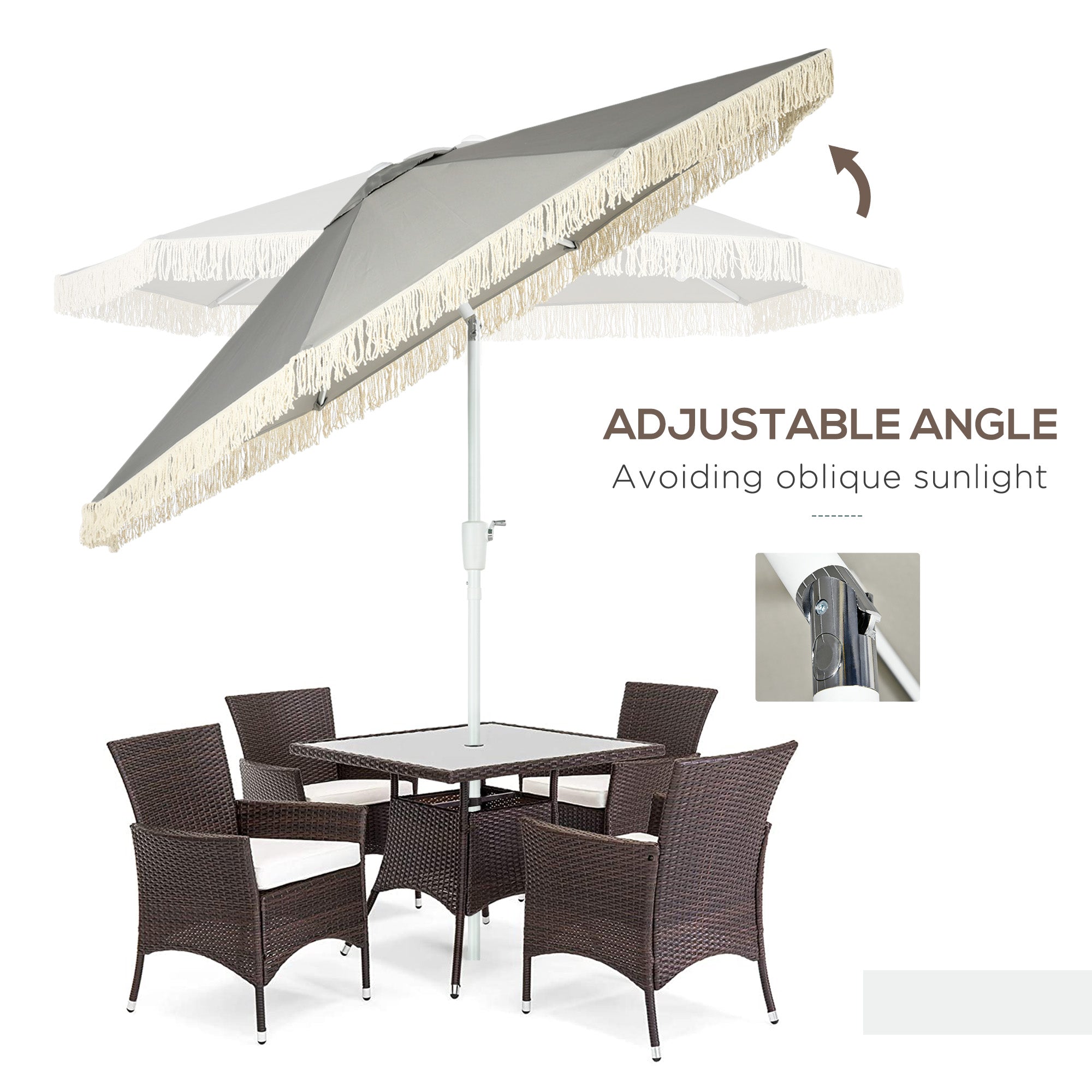 Outsunny Outdoor Sun Umbrella 8.7x8.7 ft with Tilt Fringed Ruffles Patio Table Parasol Grey 