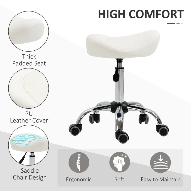 Saddle Stool, Height Adjustable Rolling Salon Chair with PU Leather for Massage, Spa, Clinic, Beauty and Tattoo, White